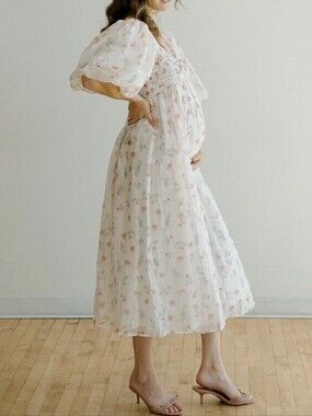 Sheer Floral Puff-Sleeve Midi Dress - Cream with Pink Floral